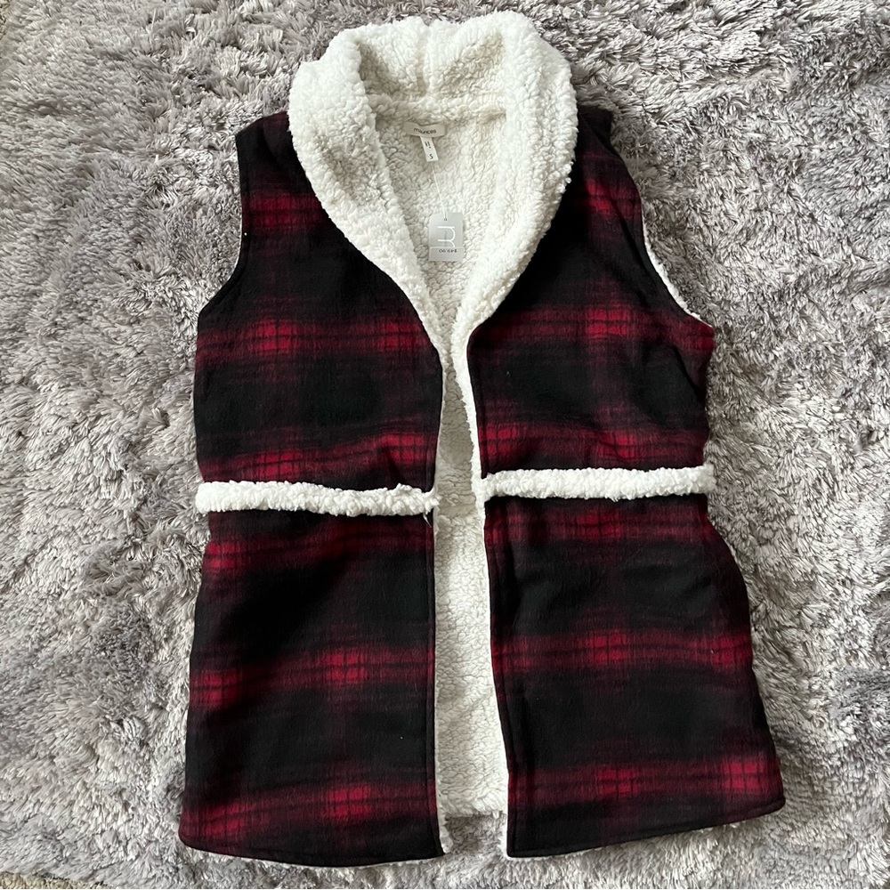 maurices red plaid sherpa lined open front vest